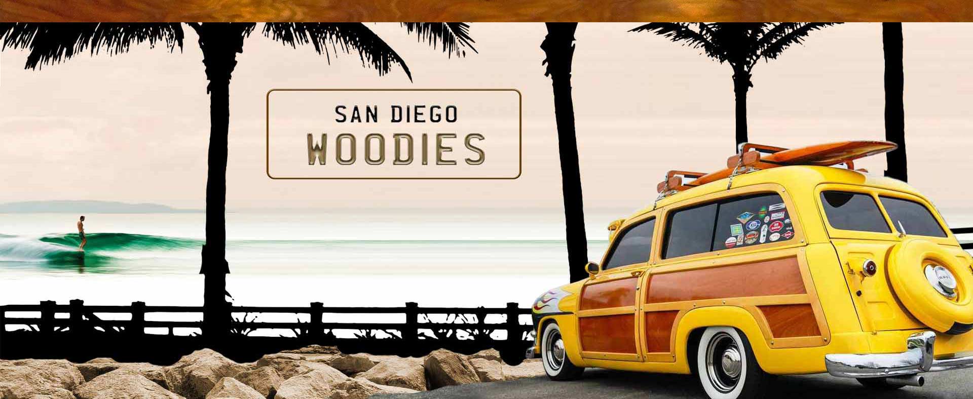Woodies banner image with woody car and surfer
